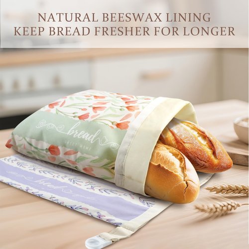Bread Bags for Homemade Bread, 2 Pack Reusable Beeswax Linen Cotton Sourdough Bag, Freezer Safe, Large Loaf Storage Bags to Keep Fresh, Bakery Essentials
