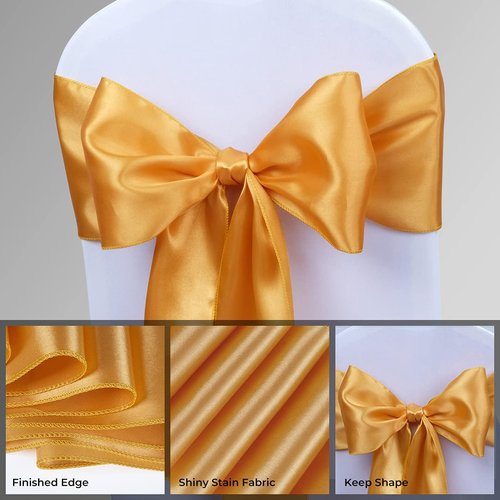Babenest Satin Chair Sashes - Upgraded 10 Pcs Chair Ribbons & Bows for Weddings & Events | Gold