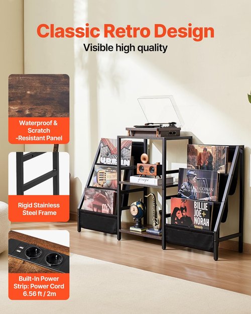 VEVOR Record Player Stand, 3 Tiers Metal Vinyl Record Stand, Turntable Stand with Record Holder Vinyl Display Shelf, Wooden Record Holder Ideal for Bedroom, Living Room, Black