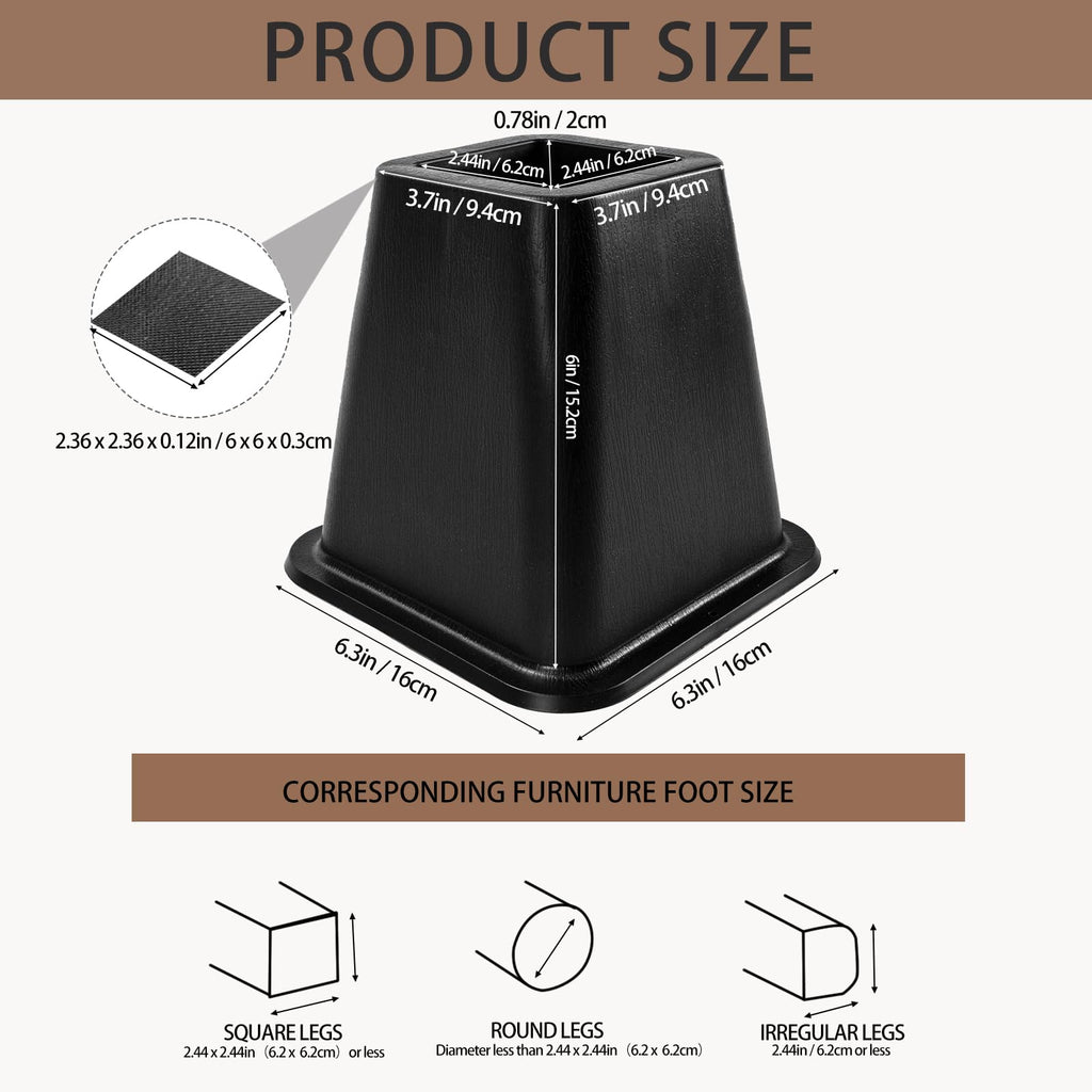Seuqhck 6 Pack Bed Furniture Risers, 6 Inch Quality Plastic Couch Lift Risers Stackable Black Bed Legs for Sofa, Chair, Cabinet, Desk, Supports up to 2200 Lbs per Leg