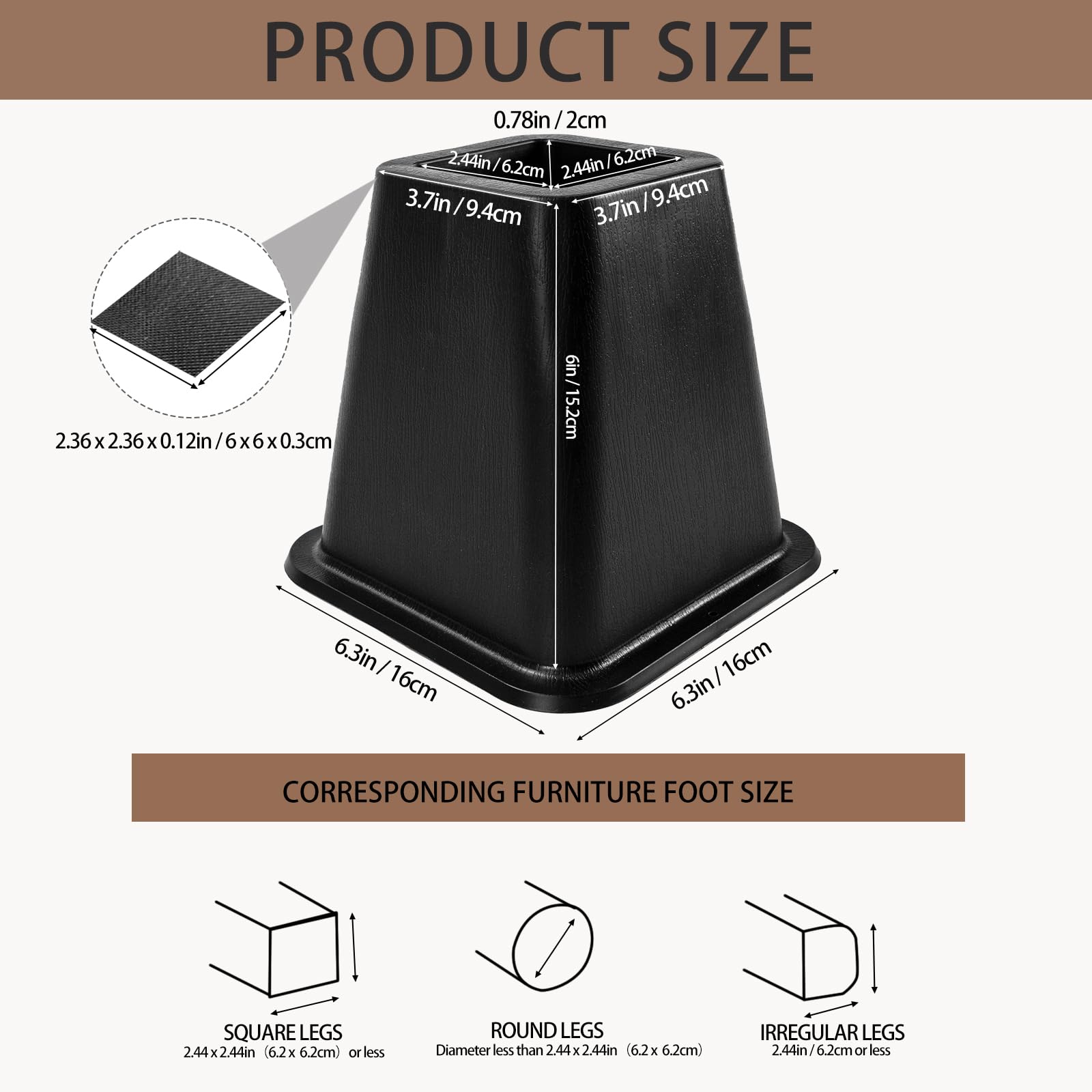 Seuqhck 6 Pack Bed Furniture Risers, 6 Inch Quality Plastic Couch Lift Risers Stackable Black Bed Legs for Sofa, Chair, Cabinet, Desk, Supports up to 2200 Lbs per Leg