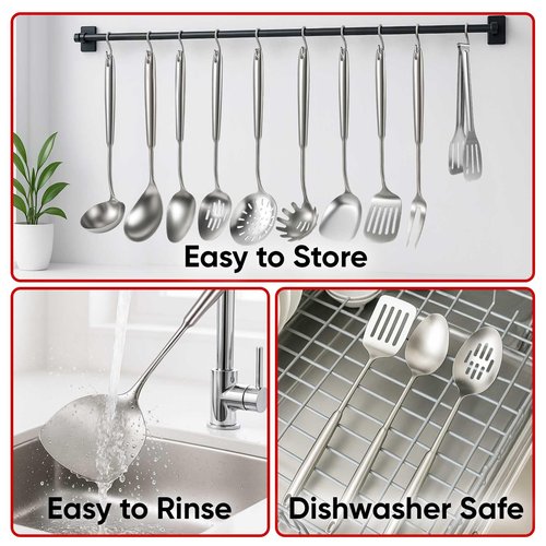 Newness 10 Pcs Cooking Utensils Set, 304 Stainless Steel Kitchen Utensils Set, Metal Kitchen Accessories, Include Soup Ladle, Slotted Skimmer Spoon, Spaghetti Spoon and Spatula, Tongs,Dishwasher Safe