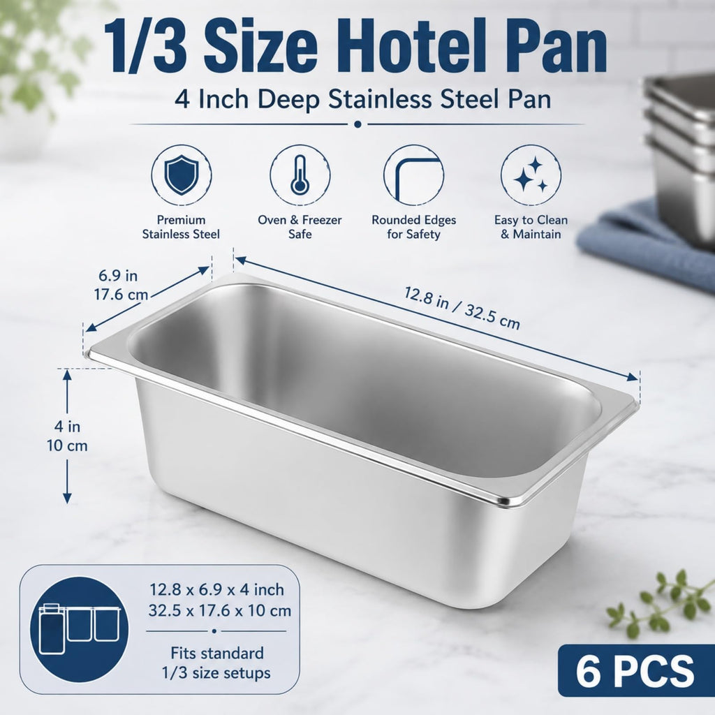 YOUNTHYE 6 Pack 1/3 Size Hotel Pans, 4 Inch Deep Stainless Steel Steam Table Pans for Chafing Dishes, Buffet, Catering, Restaurant Food Prep and Storage