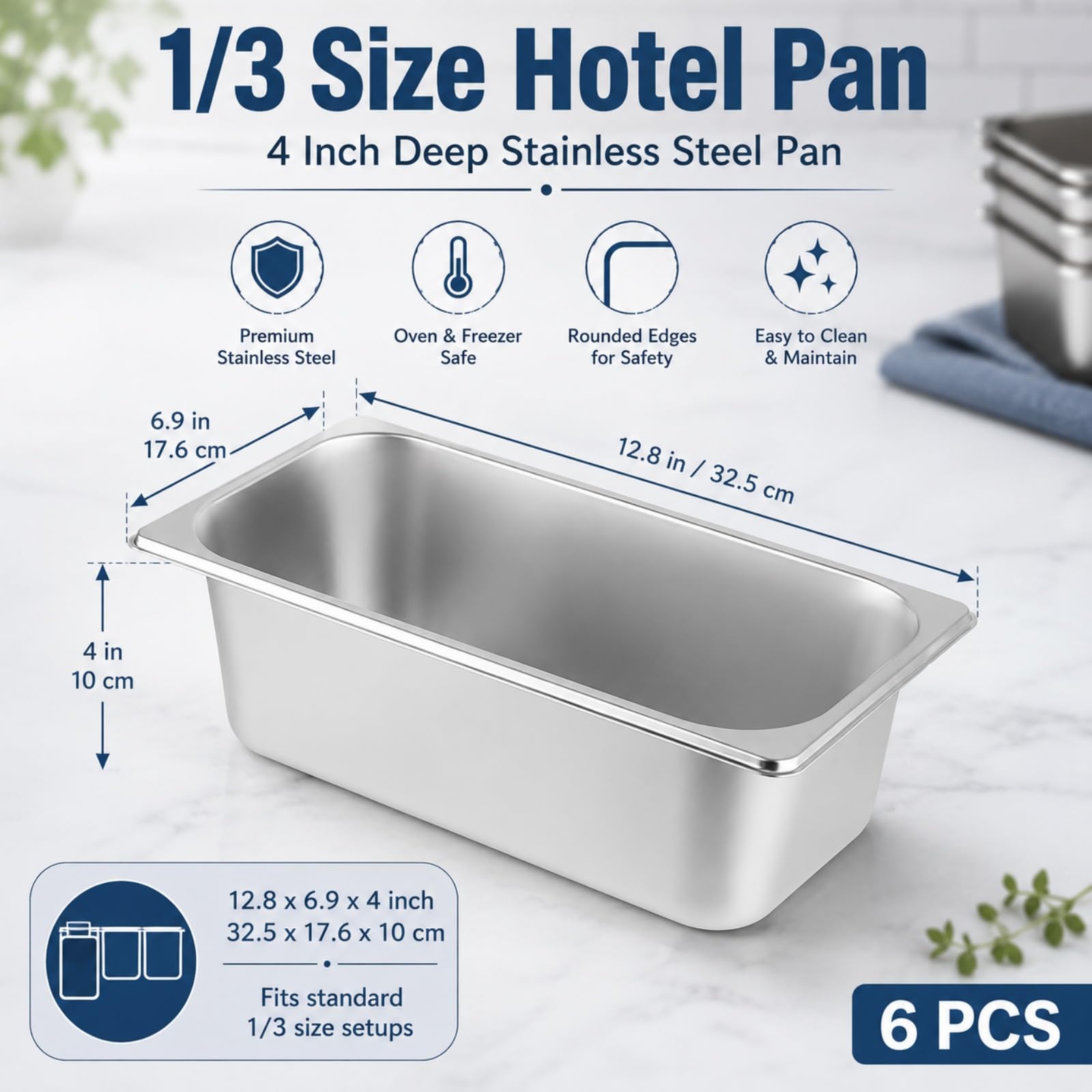 YOUNTHYE 6 Pack 1/3 Size Hotel Pans, 4 Inch Deep Stainless Steel Steam Table Pans for Chafing Dishes, Buffet, Catering, Restaurant Food Prep and Storage