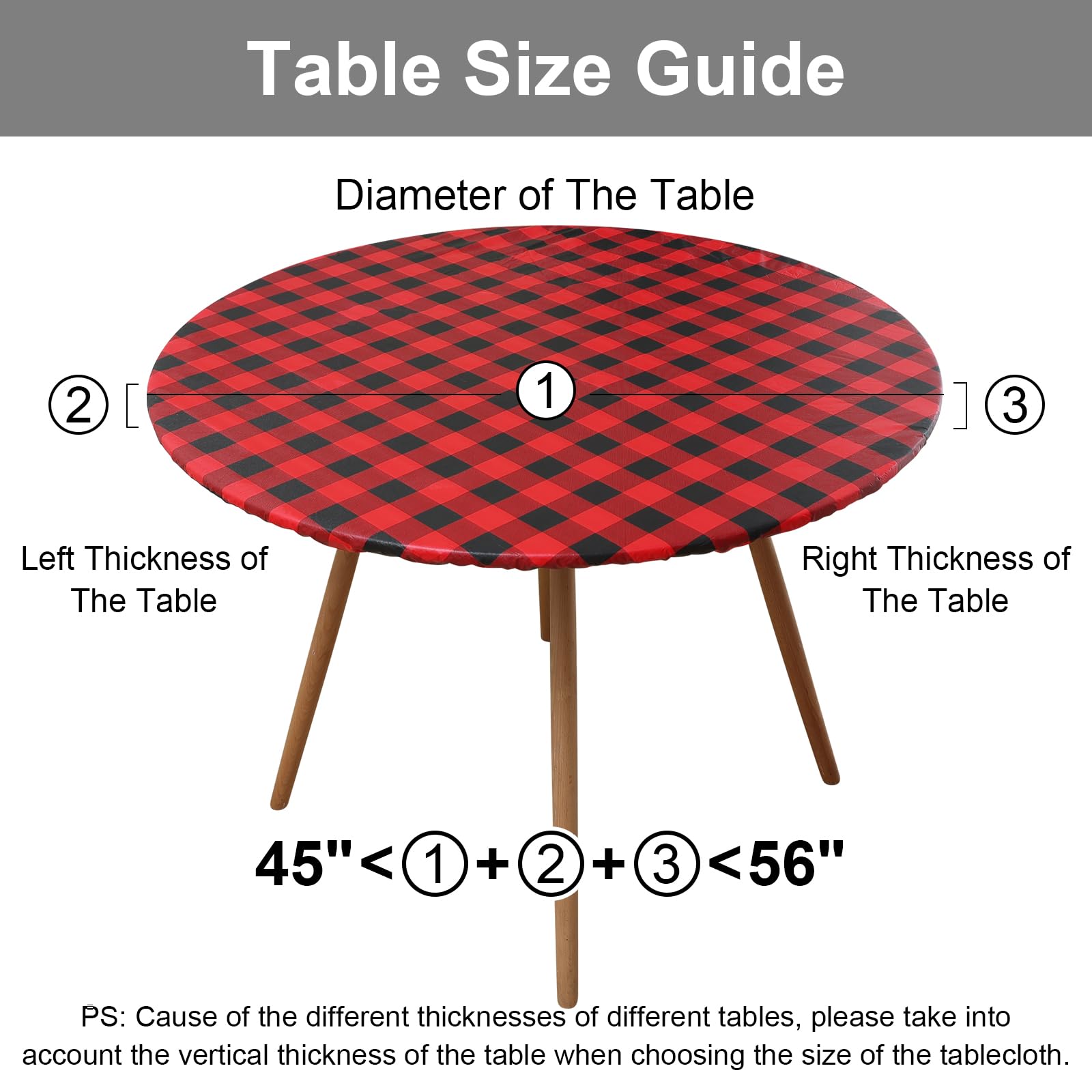 Smiry Round Picnic Tablecloth, Elastic Waterproof Fitted Vinyl Tablecloths for 57"-68" Tables, Flannel Backed Buffalo Plaid Table Cover for Dining, Camping, Outdoor, Black and Red
