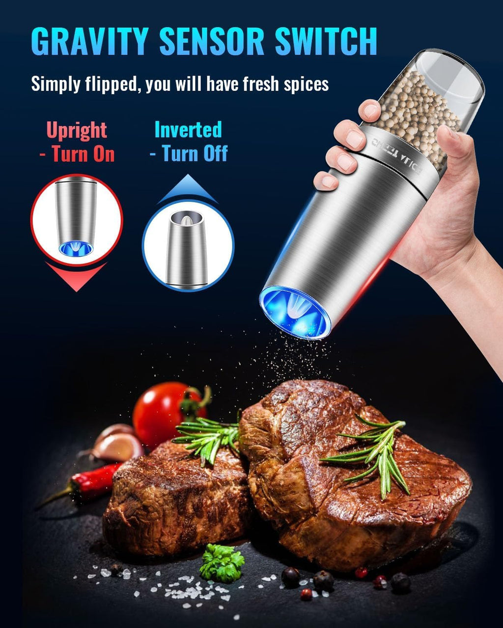 2 Pack Gravity Electric Pepper and Salt Grinder, Larger Capacity Stainless Steel Mill Grinder Battery Powered with LED Light, Adjustable Coarseness, One Hand Automatic Operation for Kitchen BBQ