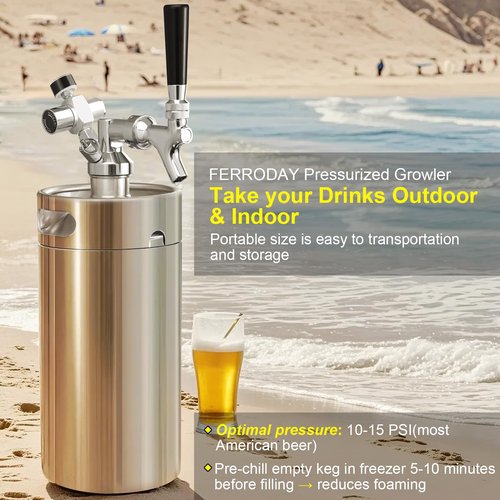 Ferroday Mini Keg Growler Tap System, 128Oz Mini Beer Growler, Stainless Steel Home Draft Beer Dispenser With Faucet&Co2 Regulator, Portable Beer Tap System Keep Beer Fresh And Carbonation