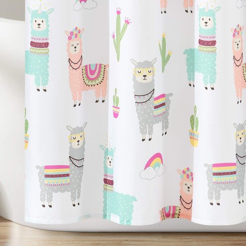 Lush Decor Southwest Llama Cactus Shower Curtain, White & Blush - Cute Colorful Boho Kids Bathroom