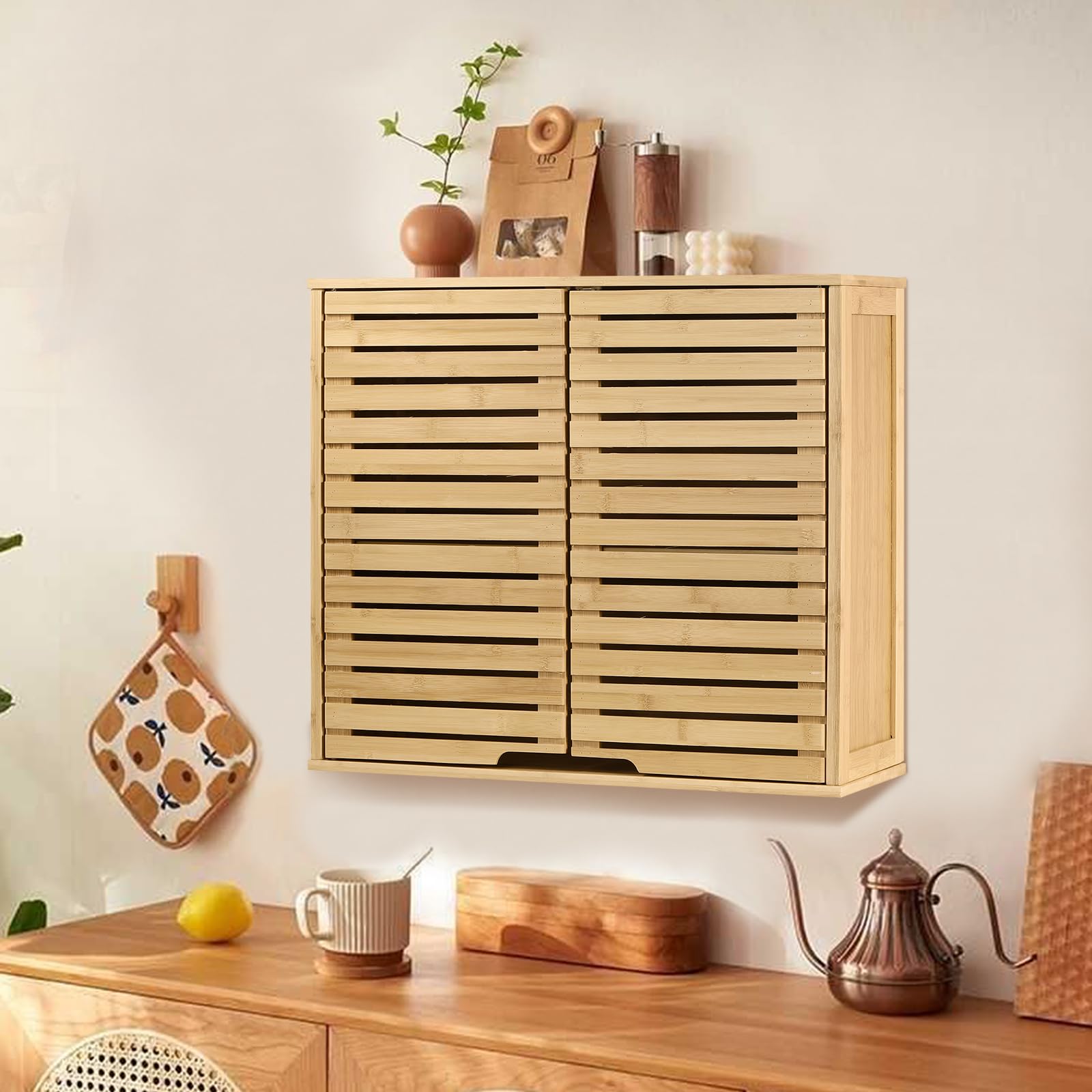 HYNAWIN Bathroom Wall Mounted Bamboo Storage Cabinet with Double Doors, 2-Tier Adjustable Shelf, Over Toilet Organizer for Bathroom, Kitchen, Entryway