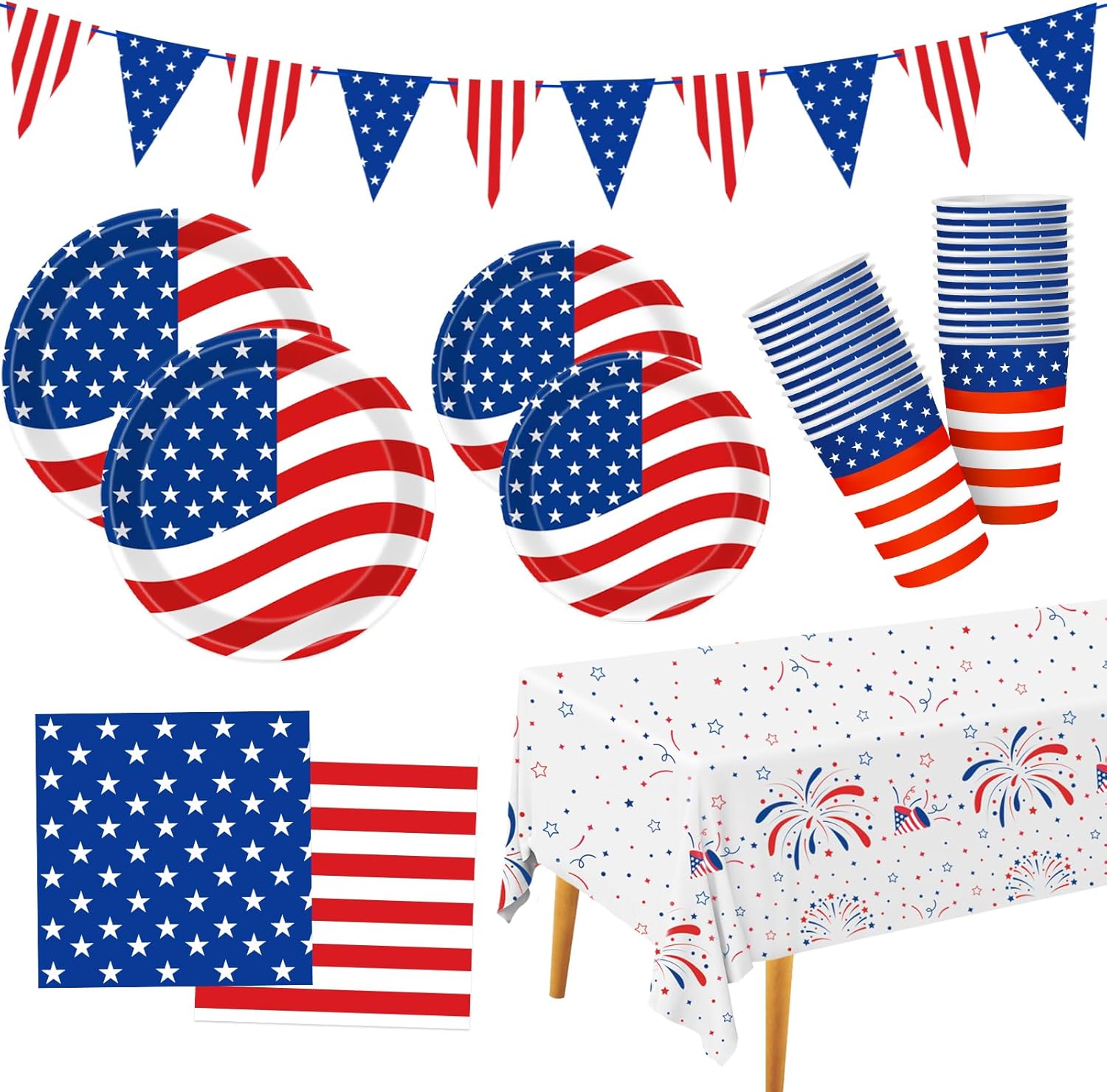 Patriotic Party Supplies | 4th of July Decorations Set with Plates, Napkins, Cups & Tablecloth for 25 Guests