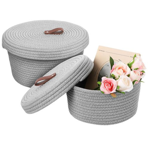 Cabilock Rope Storage Basket Set with Lid Woven Cotton Rope Organizer Baskets for Home Nursery Bathroom and Laundry Includes Large 10.62 Inch and Small Organizer for Closet and Shelf Storage