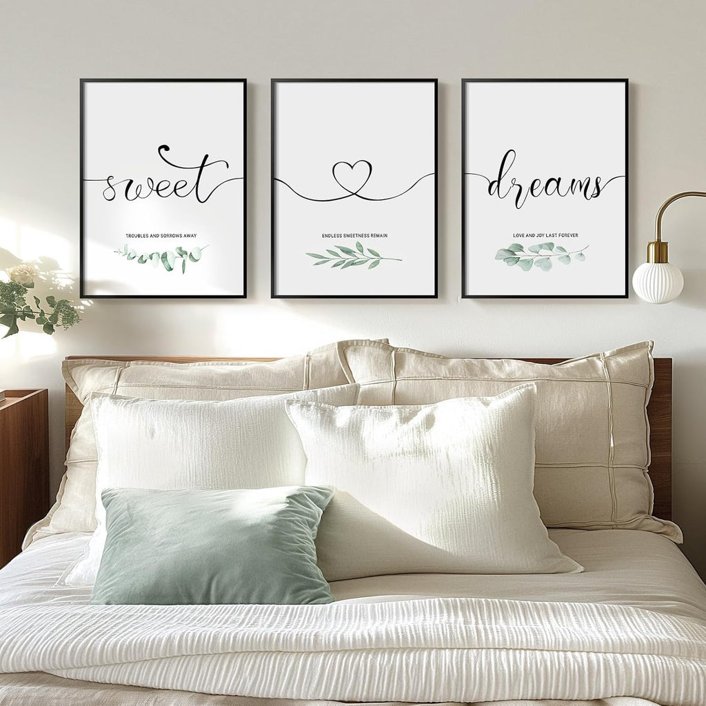 Sweet Dreams Wall Art by [Brand Name] - Modern Minimalist 3-Piece Canvas Set for Bedroom | 12x16 Inch