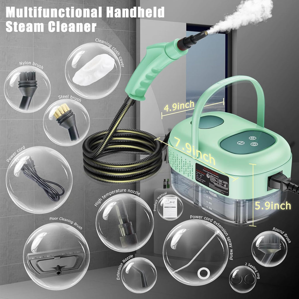 Skiennix Handheld Steam Cleaner - Portable Touch Screen Steamer for Home & Car Detailing | Green