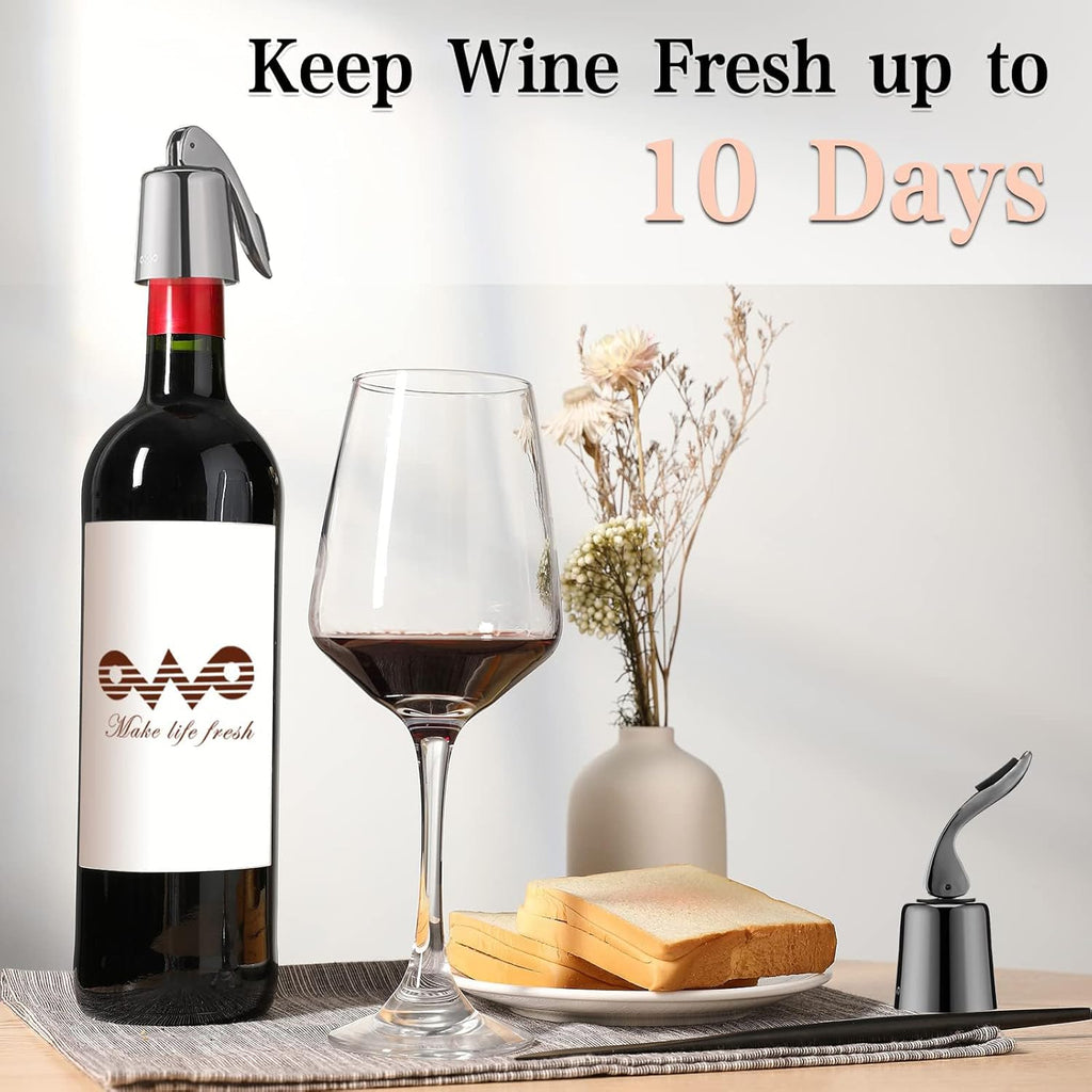 OWO Stainless Steel Wine Bottle Stopper, Reusable Wine Saver with Silicone Seal, Decorative Bottle Sealer, Keeps Fresh (Metal Black, 2 Pack)