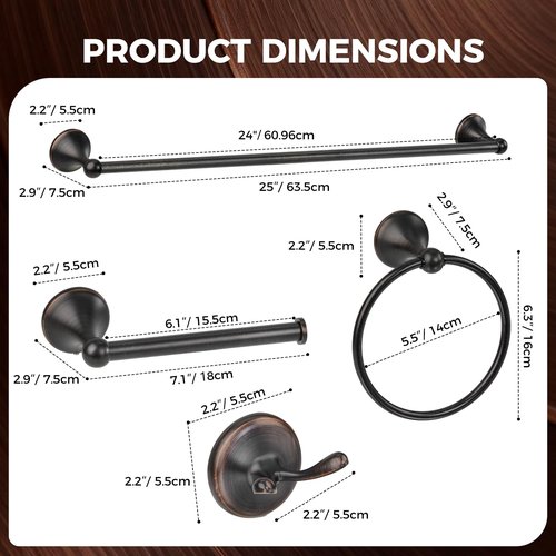 DEGULAS Bathroom Towel Bar Accessories Set，Oil Rubbed Bronze Bathroom Hardware Set, Includes 24In Towel Bar, Towel Ring, Robe Towel Hooks,Toilet Paper Holder, Bathroom Towel Rack Set