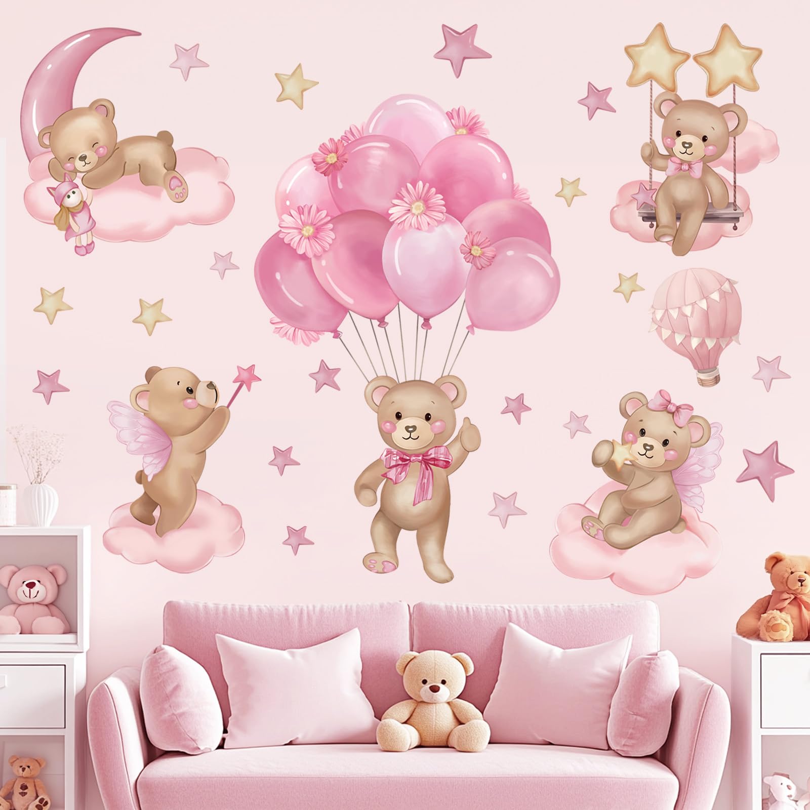 wondever Pink Balloon Bear Wall Stickers Hot Air Balloon Animals Clouds Stars Peel and Stick Wall Art Decals for Baby Nursery Kids Girls Bedroom