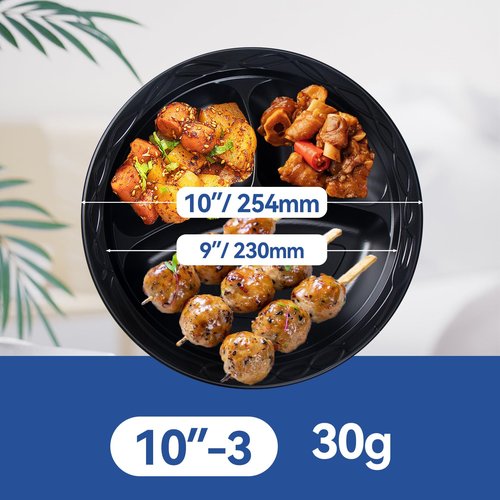 EKOSAVOR Plastic Plates 10" 150 Pack - Shrink Wrapped BPA Free Mineral Filled PP | Microwave & Dishwasher Safe | Heavy Duty Non permeable Party Plate | Black Commercial 3 Compartment Disposable Trays