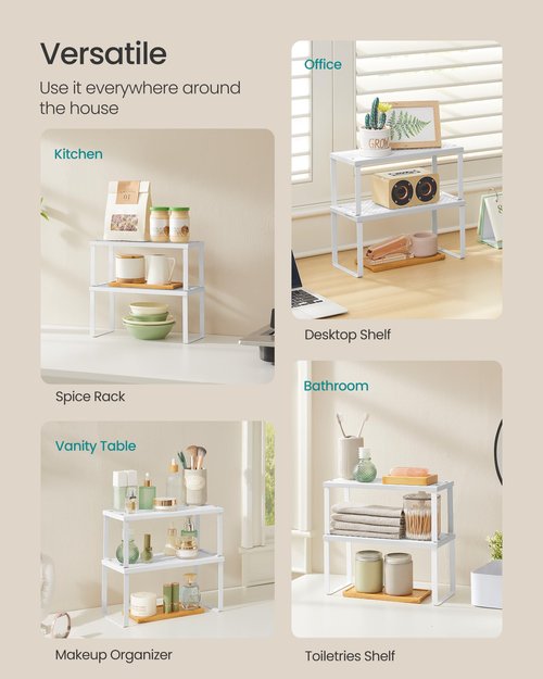 SONGMICS Spice Racks, Set of 2 Metal Cabinet Shelf Organizers, Countertop Organizers, Shelf Risers, Stackable, Expandable, White UKCS003W01