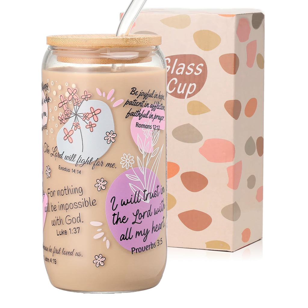 Xelewooz Christian Gifts for Women – 16oz Bible Verse Coffee Mug, Daily Bible Affirmations Glass Tumbler with Straw – Inspirational Religious Coffee Cup for Birthday, Mother’s Day, or Faith Lovers