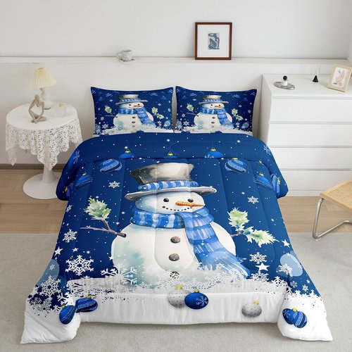 Homewish Cute Snowman Comforter Set Queen Size,Merry Christmas Quilt Set 3Pcs Xmas Bells and Snowflake Bedding Set for Kids Boys Girls Teens Room Decor Cartoon Blue White Duvet Insert,2 Pillowcases