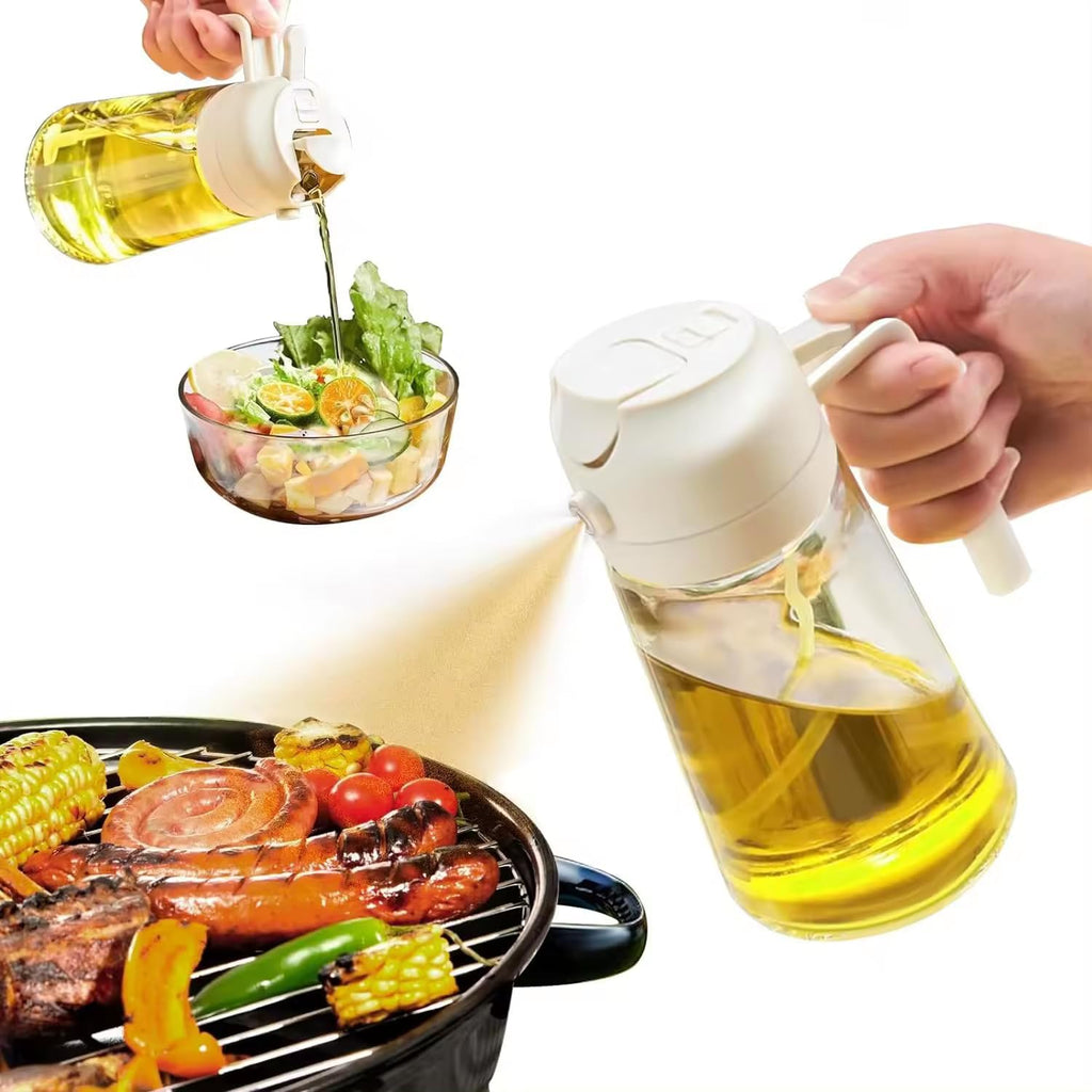 Skiennix 16oz Glass Oil Spray Bottle - 2-in-1 Refillable Olive Oil Dispenser with Fine Mist & Stream - Black