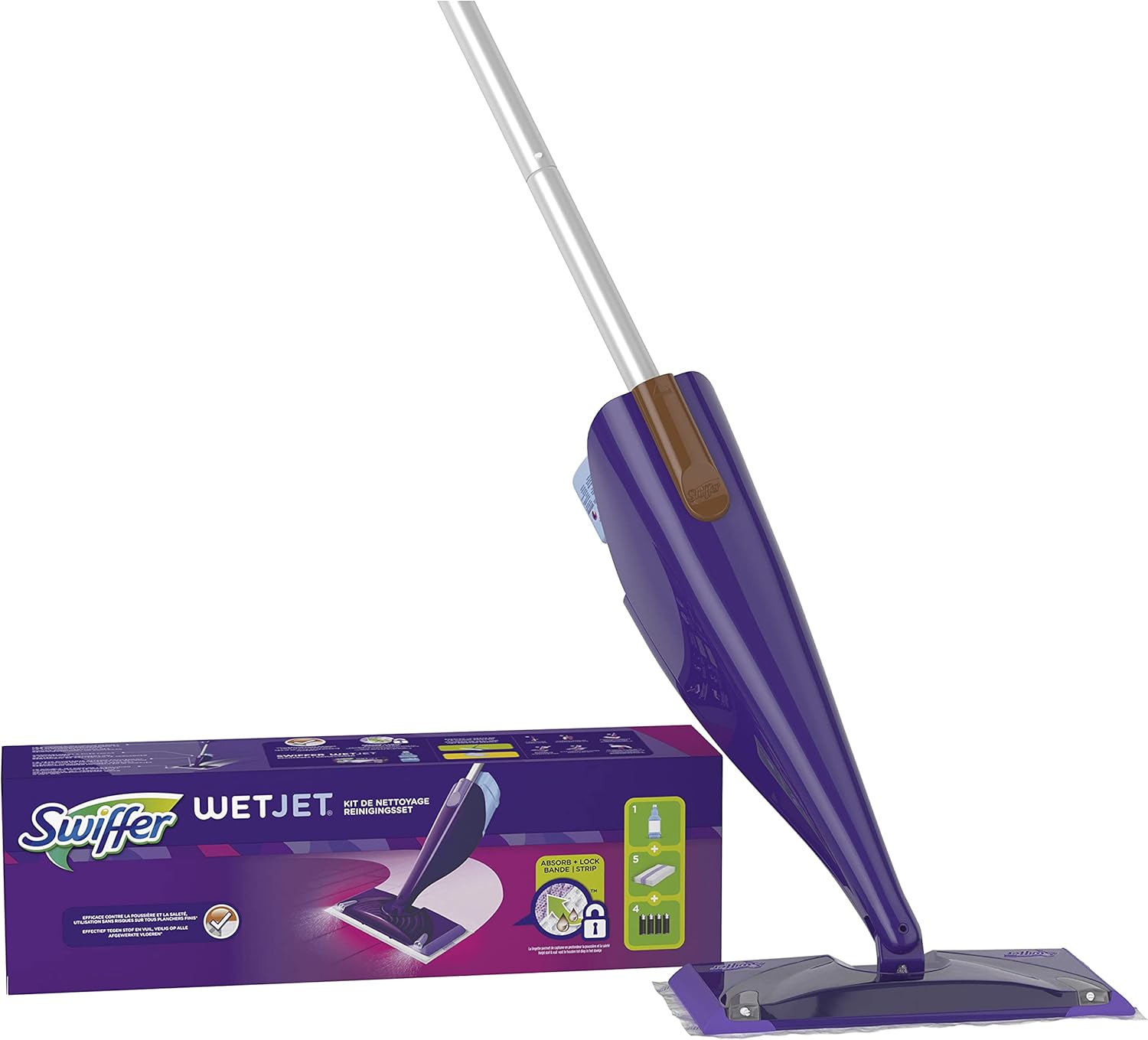 Swiffer WetJet Floor Spray Mop Starter Kit - Includes 1 Mop, 5 Pads, Cleaning Solution & 4 Batteries