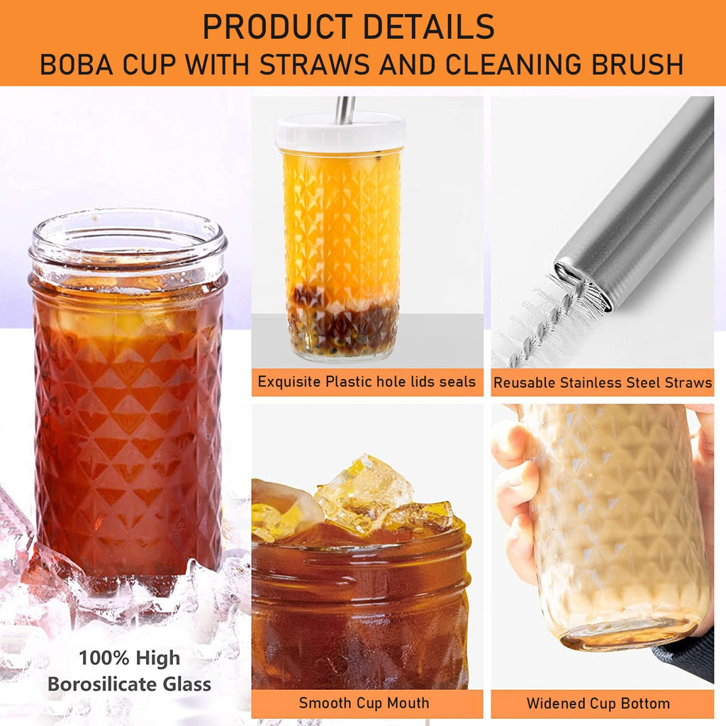 ASANMEYO 2 Pcs 24oz Glass Cups Set, Mason Jar Drinking Glasses with Lids and Straws & 2 Airtight Lids, Cute Reusable Smoothie cups, Iced Coffee Cups, Travel Tumbler for Bubble Tea, Juice, Gift