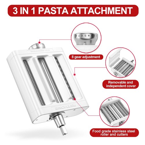 RETHONE Pasta Maker Attachment for KitchenAid Stand Mixers -3 in 1 Set Pasta Attachments includes Pasta Roller, Spaghetti Fettuccine Cutter, Pasta Machine Attachment Accessories for KitchenAid