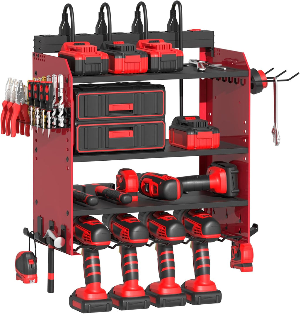 Power Tool Organizer - Wall Mount Charging Station with 8 Outlet Power Strips | Heavy Duty 4-Layer Drill Storage Shelf