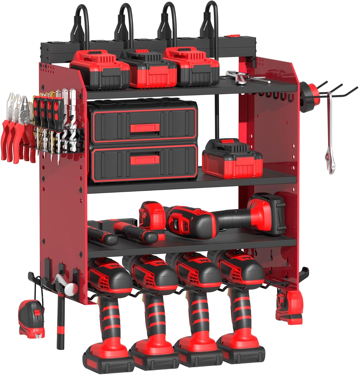 Power Tool Organizer - Wall Mount Charging Station with 8 Outlet Power Strips | Heavy Duty 4-Layer Drill Storage Shelf