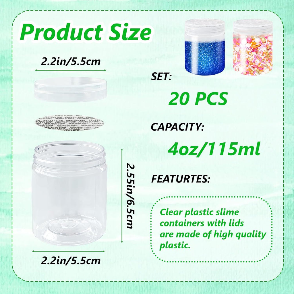 Skiennix 20-Pack Clear Plastic Slime Containers - 4oz Round Refillable Jars with Lids for Travel & Storage