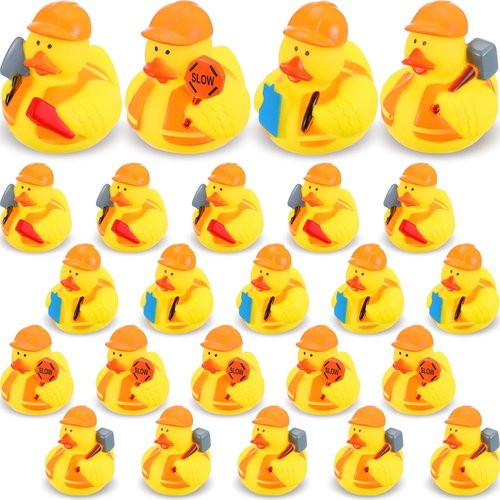 Jexine Rubber Ducks - 24 Assorted Fun Styles for Birthday Parties & Bathtub Play | Construction Theme