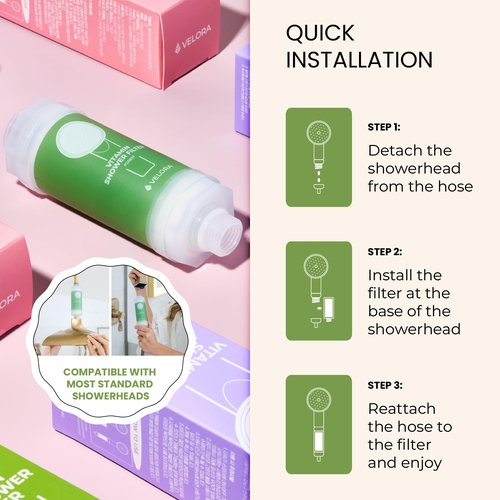 VELORA Vitamin C Shower Filter - Forest-Scented Aromatherapy Shower Water Filter and Softener - Universal Showerhead Bathroom Attachment - Replenish Dry Skin, Soften and Nourish Hair