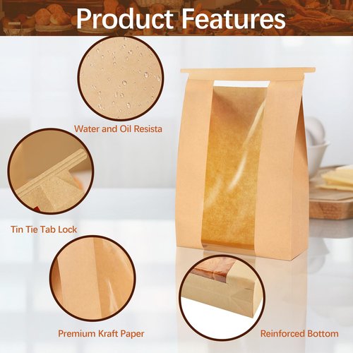 EUVBOKW 120 Pcs Bread Bags for Homemade Bread Sourdough,Large Kraft Paper Storage Bags with Window and Tin Tie Tab Lock,120 Sealing Stickers(13.7x8.3x3.7 In) (120)