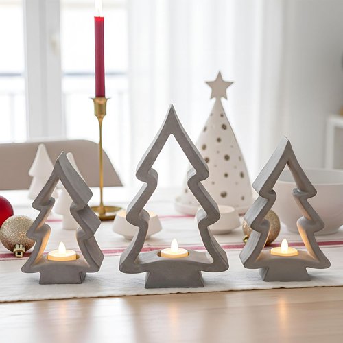 Meanplan Christmas Tree Tealight Candle Holders - Rustic Plaster Votive Set for Holiday Decor | 3 Pcs