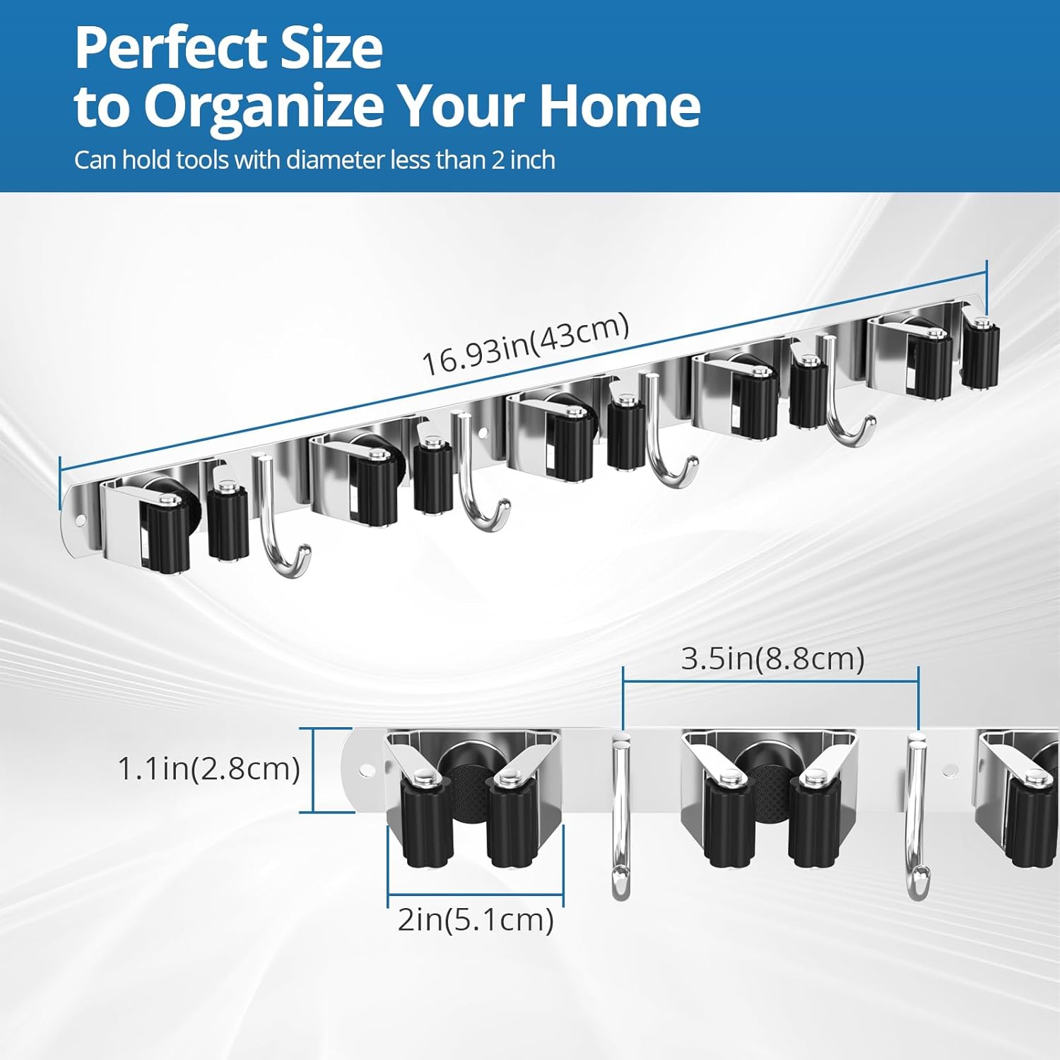 Skiennix Broom Holder - Heavy-Duty Wall Mount Organizer with 5 Racks & 4 Hooks for Kitchen & Garage