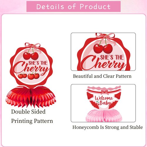 Refavor Cherry Baby Shower Decorations for Girls, 9PCS She's the Little Cherry Theme Honeycomb Centerpieces Decor, Cherry Welcome Baby Party Table Decoration Supplies Kids