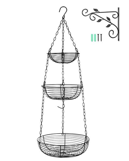 FANGSUN 3-Tier Hanging Fruit Basket for Kitchen Counter with Banana Hook, 36-Inch Heavy-Duty Wire Fruit Baskets with Leaf-Shaped Bracket for Kitchen Organizing Potato & Vegetable