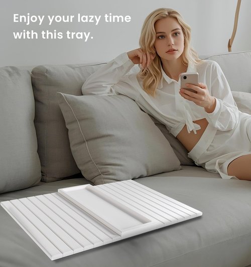 Danfoxer Sofa Arm Tray,Bamboo Folding Couch Arm Tray,Sofa Armrest Trays with Anti-Slip Pad for Drinks,Snacks,Phone,Remote Control（White）