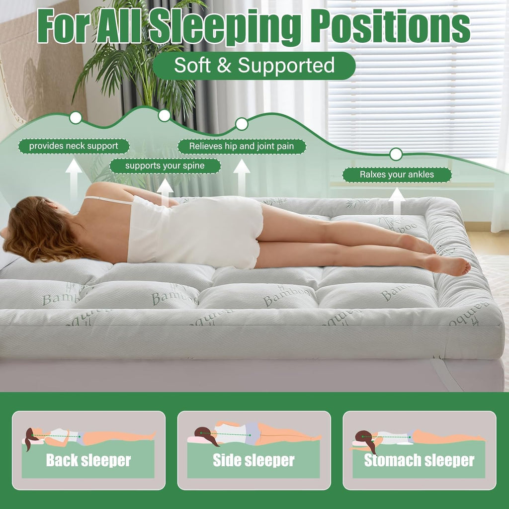 WhatsBedding 5-Inch Memory Foam Mattress Topper - Soft Bamboo Viscose, Breathable Design, Queen Size 80x60in