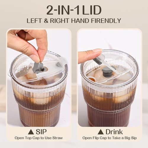 AUFXKOO 13oz Iced Coffee Cups,2Pcs Glass Cups with Lids and Straws Drinking Glasses,Clear Ribbed Glassware,Reusable Tumbler Glass to Go Cup for Matcha, Iced Tea,Juice