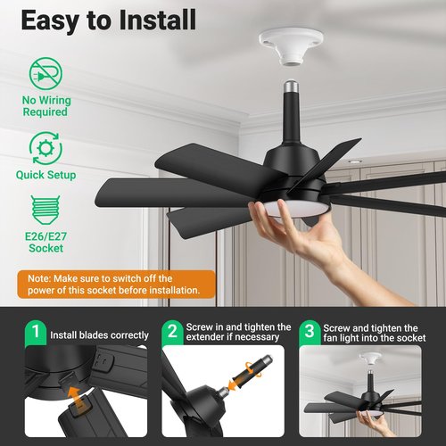 Orbecco 28in Socket Fan Light, 4000LM Ceiling Fans with Lights and Remote, 3000K-6500K 3 Colors 6 Speeds Socket Fan E26/E27 Base, Screw in Ceiling Fans for Living Room, Kitchen, Black
