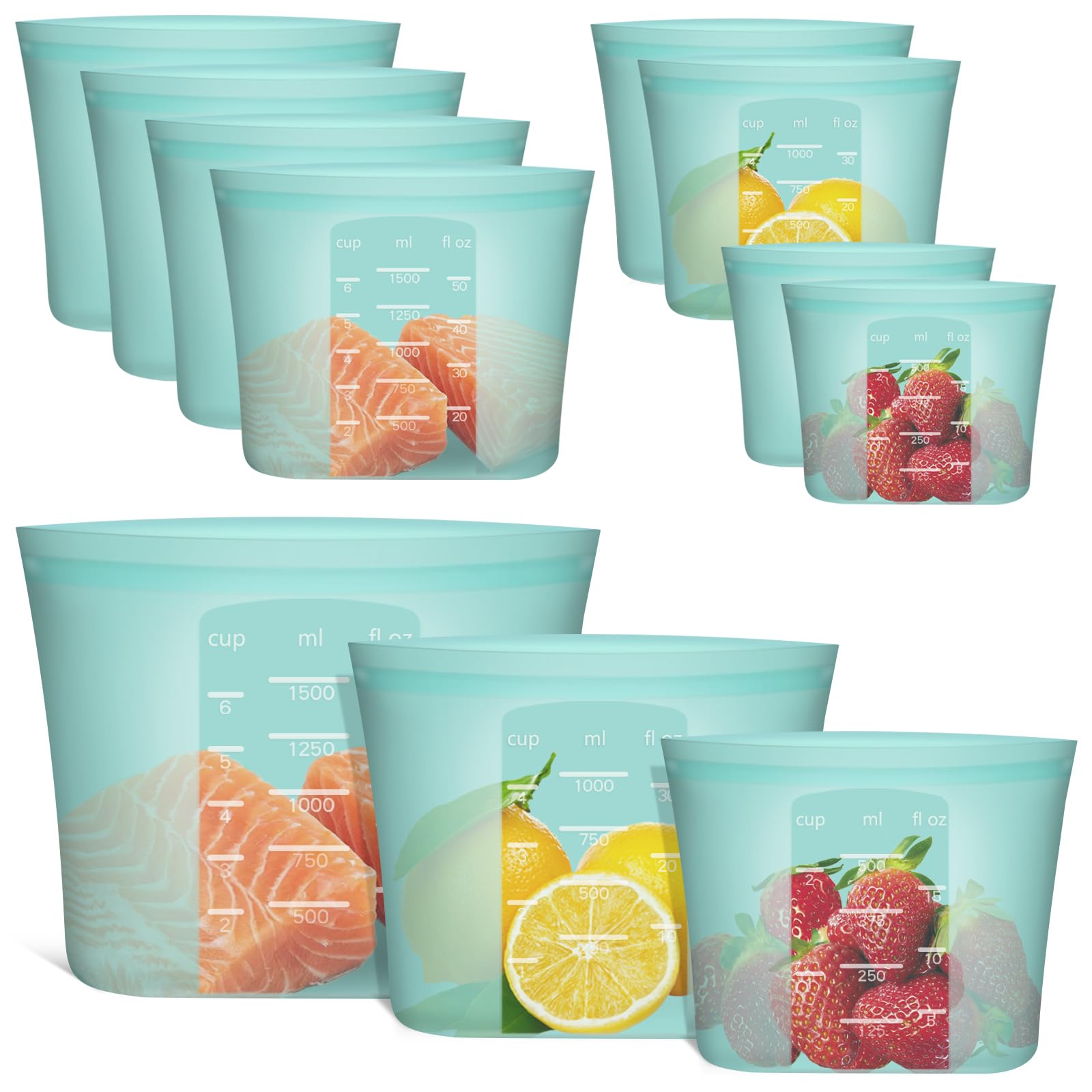 Annaklin Reusable Food Bags, 8 Pack 100% Silicone Food Storage Bags Stand Up Zip Lock Container, Freezer Microwave Oven Dishwasher Safe, 4 Medium 2 Small 2 Extra Small, Aqua