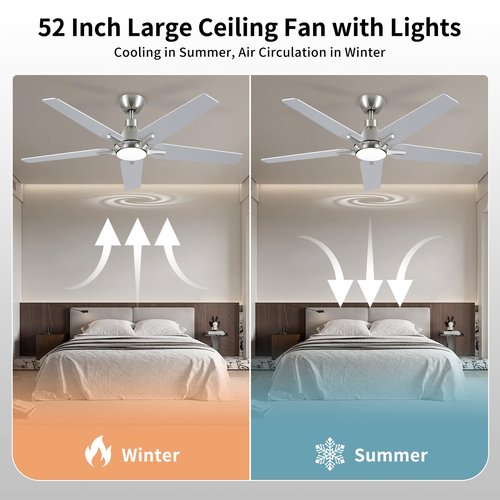 putroad 52 Inch Ceiling Fans with Lights: Brushed Nickel Ceiling Fan with Light and Remote for Bedroom Living Room Dining room Patio, 3CCT Dimmable 6 Speeds Reversible Quiet DC Motor