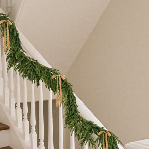 2 Pcs Christmas Garland with Lights 6 Ft, Real Touch Norfolk Pine Garland for Mantle, Christmas Decorations Indoor Outdoor for Wall Fireplace, Faux Greenery Cedar Garland Realistic for Table Decor