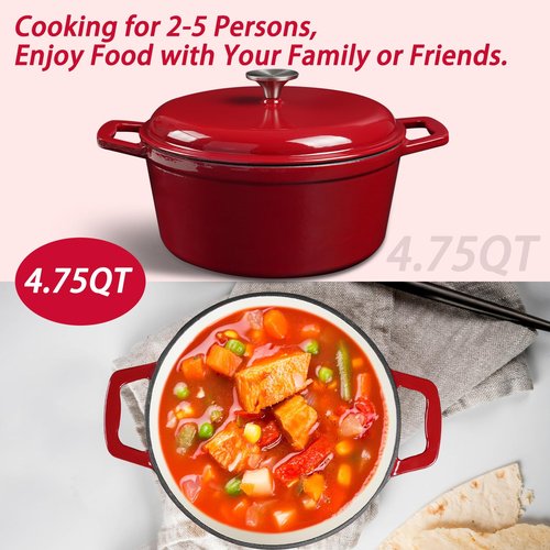 KOOMADE Dutch Oven Pot with Lid- 4.75 Quart Enameled Cast Iron Round Dutch Oven Stockpot With Dual Handles- Oven Safe up to 500°F, Heavy Duty Nonstick Cookware Safe for Bread Baking, Stews, Braising- Red (Red 4.75QT)
