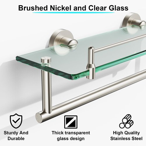 KOCOK Floating Tempered Glass Bathroom Shelf with Towel Bar - Brushed Nickel & Stainless Steel, Wall Mount 16 Inch