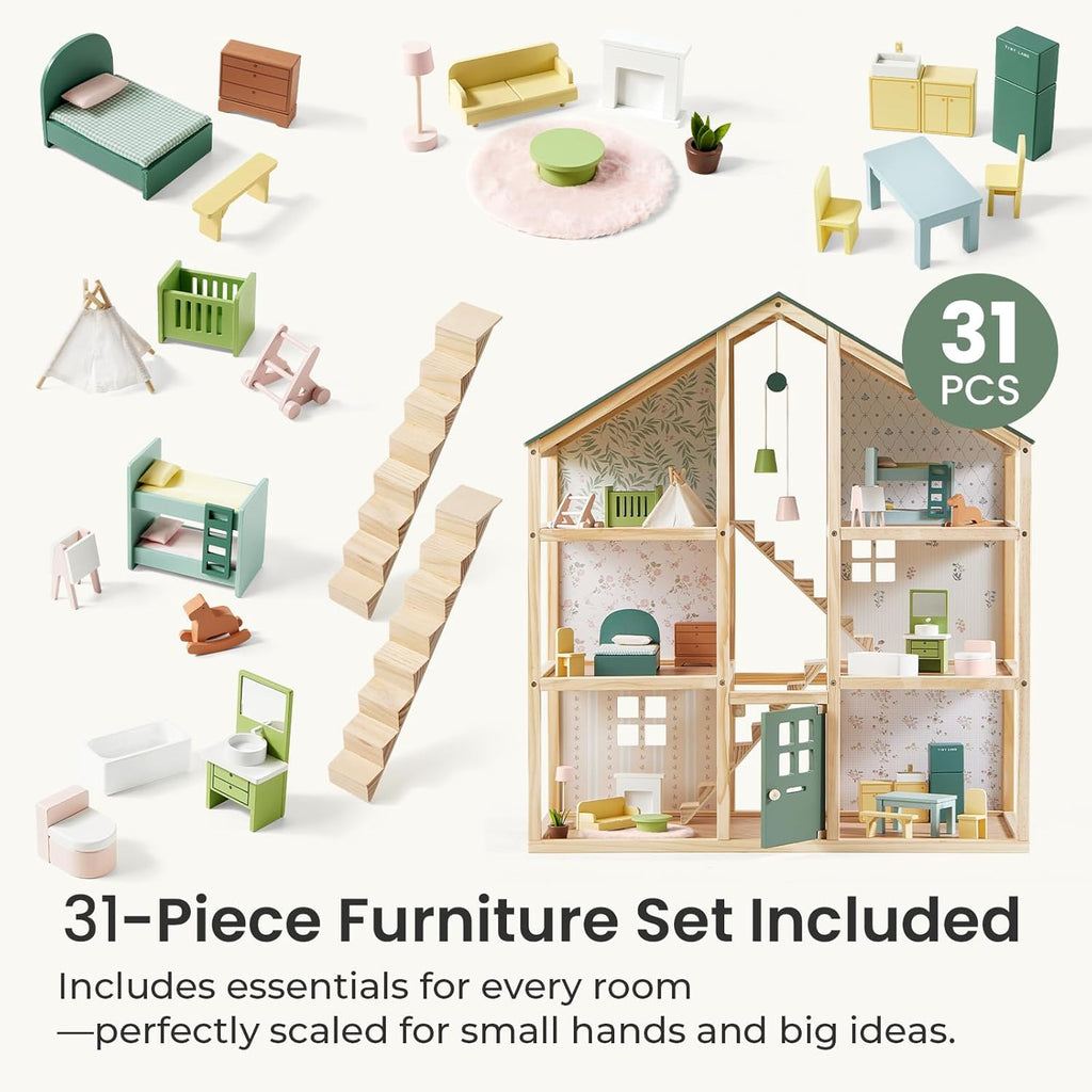 Tiny Land Wooden Dollhouse - 6 Rooms DIY Doll House with 31 Furniture Accessories | Creative Gift for Girls Ages 3+ - Green
