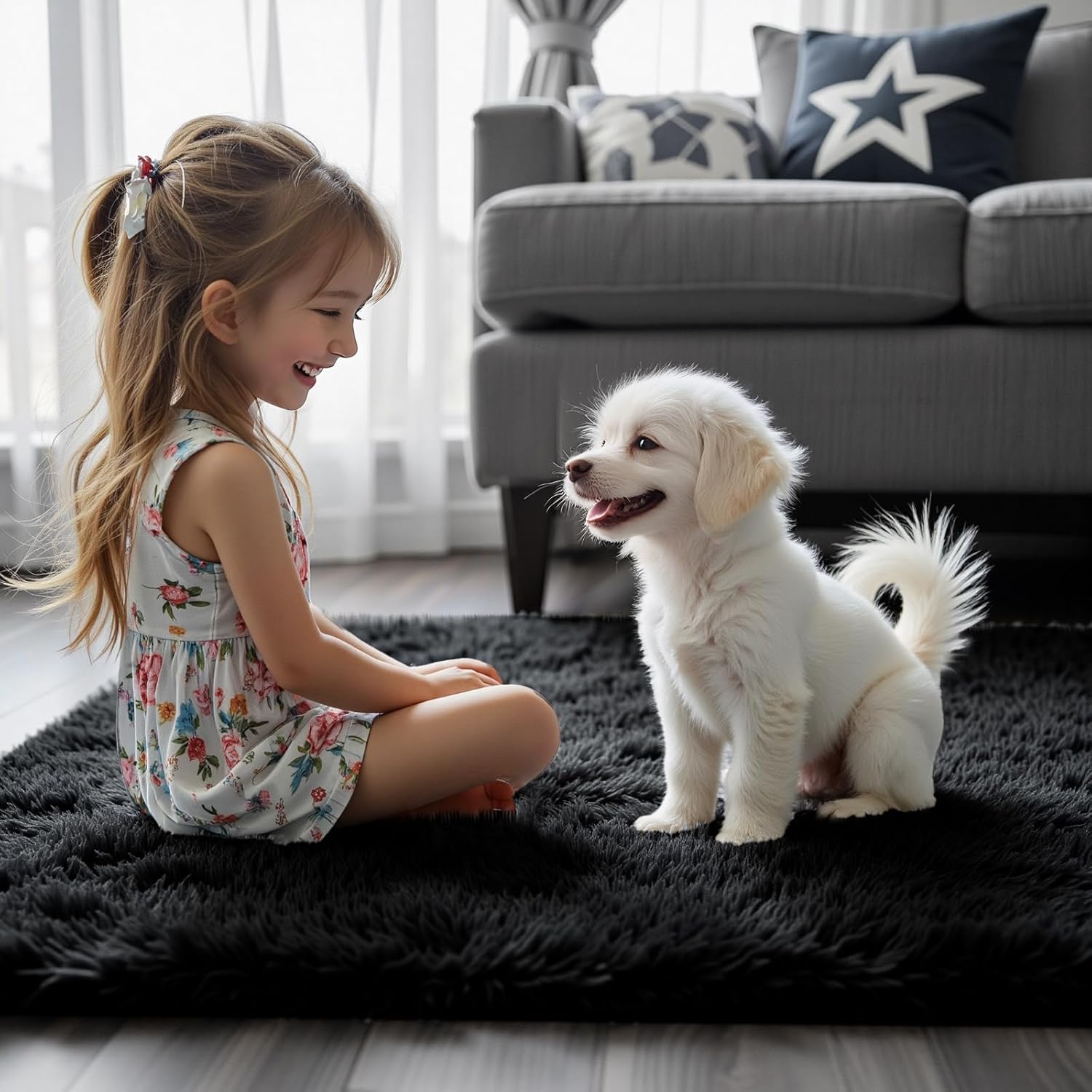 Small Area Rug - Modern Shag 2x3 Feet Black Bedroom Mat | Fluffy Carpet for Dorm Room Decor