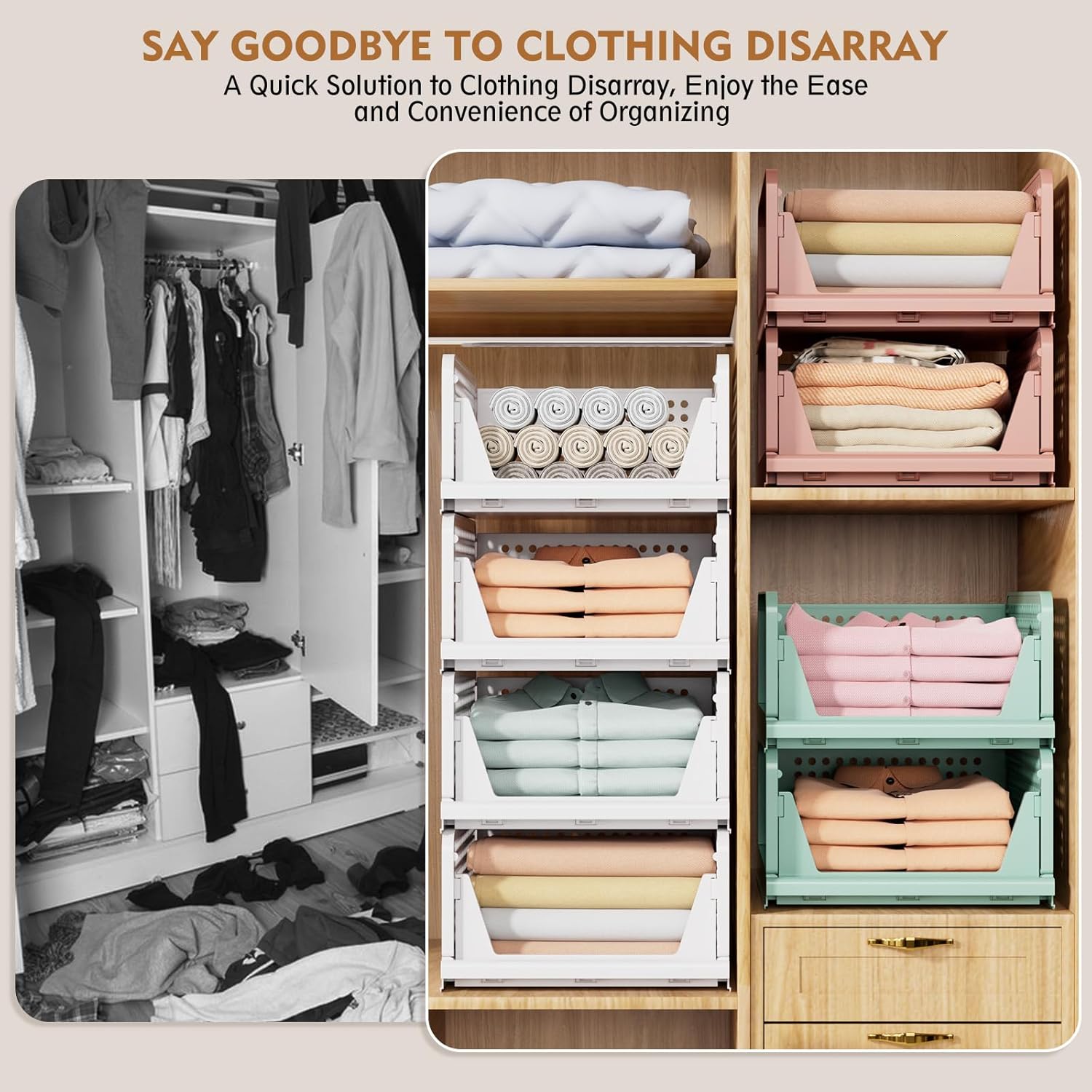 SNSLXH Stackable Closet Storage Baskets - Multifunctional & Foldable Organizer for Bathroom, Kitchen, Laundry | White, 5-Pack